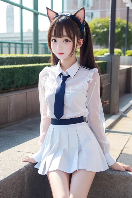 Cute Girls、high school girl、uniform、Ultra mini skirt、See-through、Fluttering in the wind、White cat ears、sit