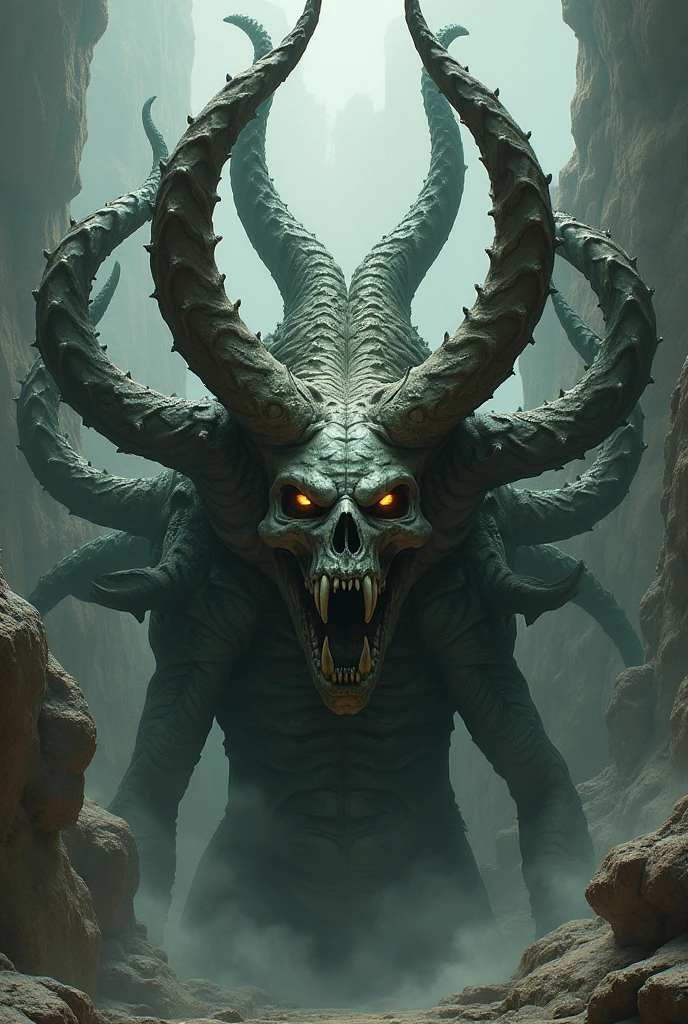 A five headed hydra but undead, D&D style Hyperrealistic, splash art, concept art, mid shot, intricately detailed. Five hydra skull.