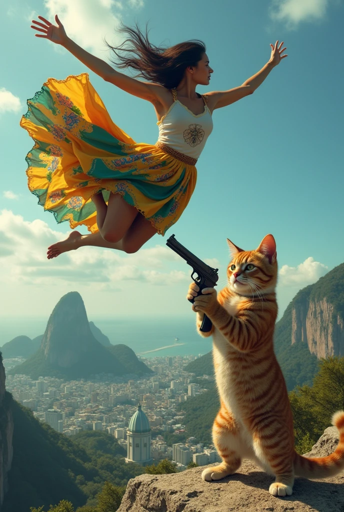 A woman from Rio de Janeiro flying over Christ the Redeemer in Rio de Janeiro and a cat with a gun shooting
