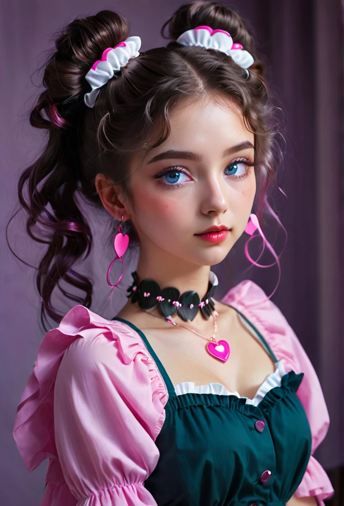 A teal-blue eyed girl. dark-purple twin buns.White twin Srunchies with Pink trimmings.  round twin buns.Long curly strands of hair by her neck and sides of each ears. Wearing a detached, ruffles vermillon sleeves,  a white tank top with pink hearts coverings, leather  dark brown chocker with spheres radiating blue energy swirls around her