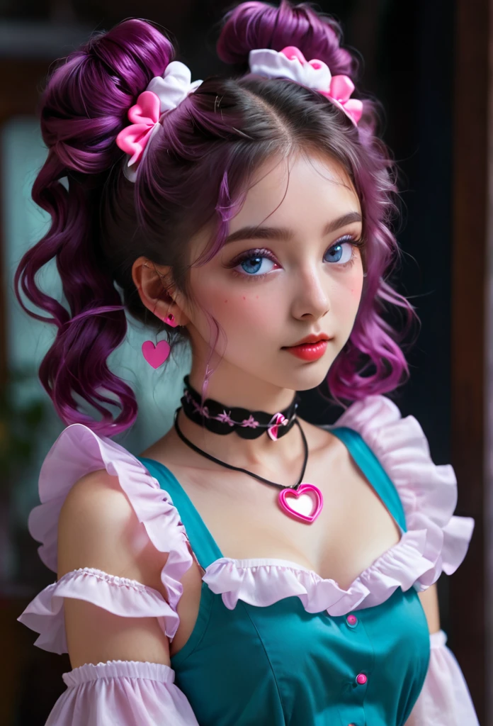 A teal-blue eyed girl. dark-purple twin buns.White twin Srunchies with Pink trimmings.  round twin buns.Long curly strands of hair by her neck and sides of each ears. Wearing a detached, ruffles vermillon sleeves,  a white tank top with pink hearts coverings, leather  dark brown chocker with spheres radiating blue energy swirls around her
