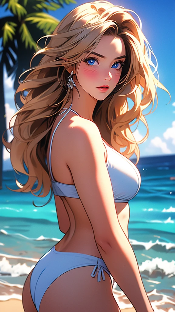 a beautiful woman in a white bikini standing on a beach, looking directly at the viewer, with long blonde hair blowing in the wind, blue eyes, and a slight blush on her cheeks, surrounded by palm trees, a cloudy blue sky, and waves crashing against the shore, masterpiece, photorealistic, ultra-detailed, hyper-realistic, 8k, cinematic lighting, vibrant colors, dramatic composition, (Perfect details:1.1), (Beautiful and clear background:1.2), (Extremely detailed CG, Ultra detailed, best shadow:1.1), (Finely detailed beautiful eyes)