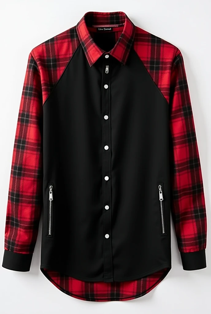 Raglan social shirt, with zipper on top, buttons on the body in the center, part of the hem open without zipper or buttons, with black shirt body, with long sleeves black and red plaid all over, small beginning of the all black folded sleeve, shirt hem being red and black checkered, large red and black plaid collar, two zippered pockets, One on Each Side, men's fashion