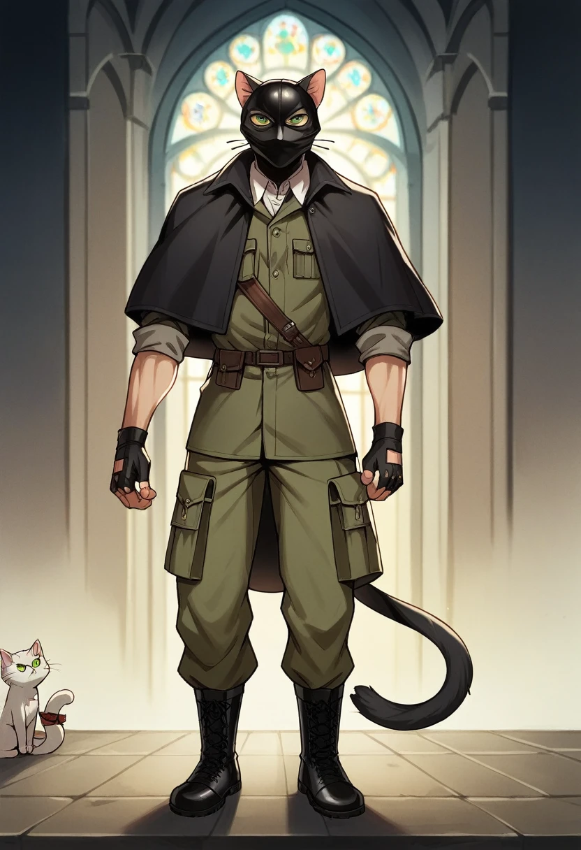 masterpiece, expressive eyes, perfect face, best quality, 1boy, male focus, solo focus, Adult, Tabaxi, Black fur, Cat, Cat tail, Green eyes, rolled up sleeves, black collared shirt, combat boots, combat pants, Soldier, Church belfry, mask, fingerless gloves, bloodbourne, black capelet