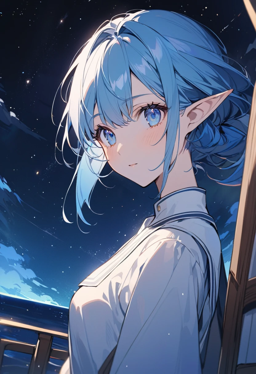 a portrait of an anime elf woman from the waist up. Blue hair, blue eyes. She is standing on the deck of a ship. There are stars in the beautiful night sky. She is wearing a modest uniform.