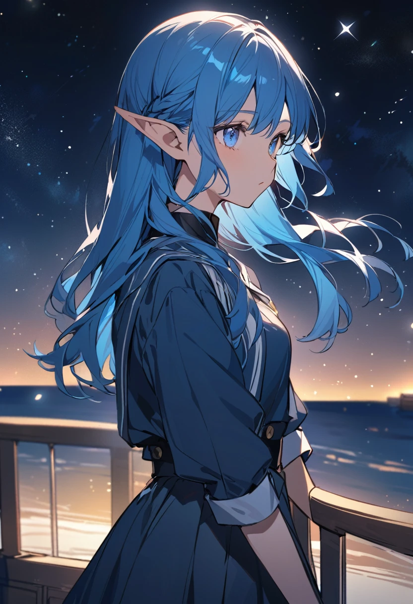 a portrait of an anime elf woman from the waist up. Blue hair, blue eyes. She is standing on the deck of a ship. There are stars in the beautiful night sky. She is wearing a modest uniform.