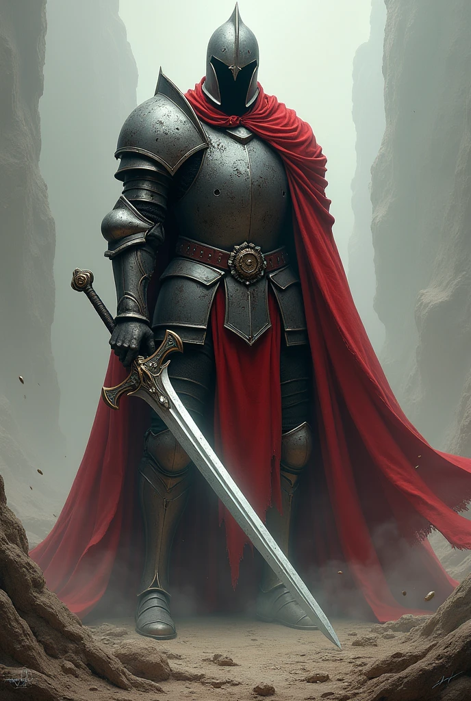 Draw me a lonely and broken knight, survivor of an almost endless war. Things that a knight must have.
(a red cape )
( A full armor with helmet with battle-scarred details )
(A very epic sword)
(With a very imposing appearance)
Make it look much more imposing, inspiring terror and with its enchanted armor as well as its sword.