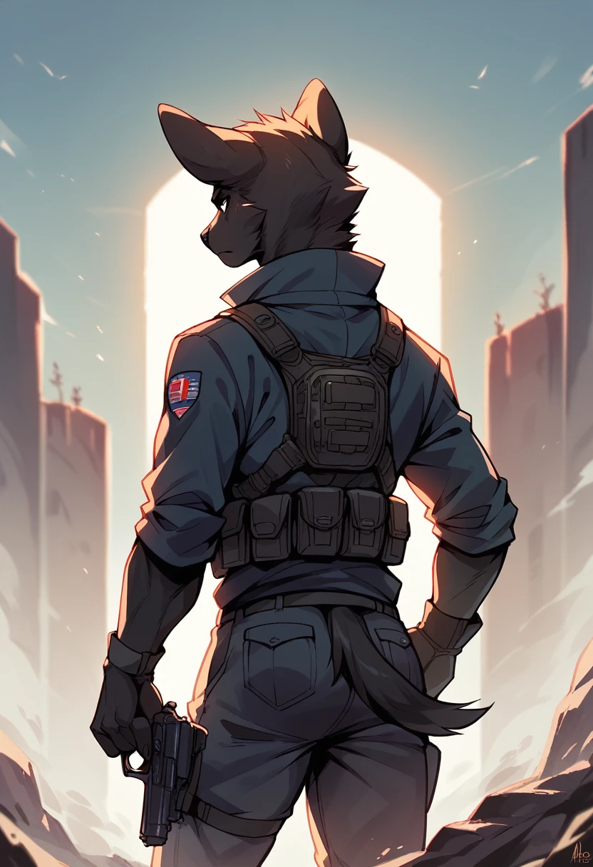 anthropomorphic dhole, tactical gear, behind cover, (black fur), holding a pistol