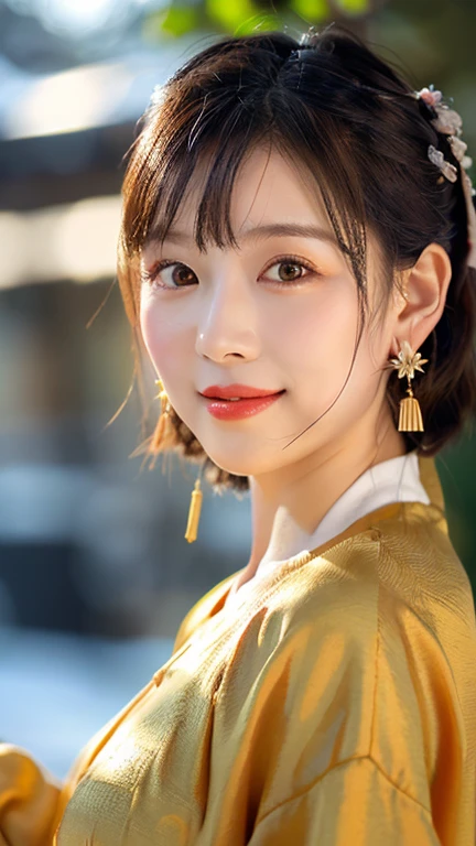 (1 girl, youthful gorgeous Lady,  brown_eyes, brown_hair, cross_earrings, earrings, jewelry, ancient China, Traditional Hanfu, Pink Hanfu, Hanfu,

Detailed Beautiful face, detailed Facial Features, dimples, Kind smile, Red lips, short hair, bob hair, cute ponytail, upper_body, extremely detailed eyes, extremely detailed face, beautiful detailed lips, long eyelashes, arms close together, ears out, golden ratio face, golden ratio body, perfect body anatomy, huge breasts, big breasts, natural pose,  

(SNOW:1.3),
Night outdoors,  snow flakes, snow, winter,
(best quality, 4K, 8k, highres, masterpiece:1.2), ultra-detailed, (realistic, photorealistic, photo-realistic:1.37), HDR, uhd, sun lighting, ultra-fine painting, sharp focus, physically-based rendering, extreme detail description,  professional, vivid colors, award-winning, bokeh, SFW, Safe for Work)