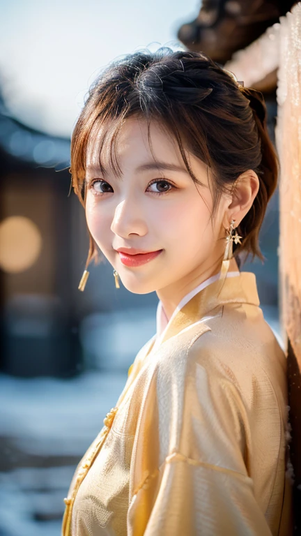 (1 girl, youthful gorgeous Lady,  brown_eyes, brown_hair, cross_earrings, earrings, jewelry, ancient China, Traditional Hanfu, Pink Hanfu, Hanfu,

Detailed Beautiful face, detailed Facial Features, dimples, Kind smile, Red lips, short hair, bob hair, cute ponytail, upper_body, extremely detailed eyes, extremely detailed face, beautiful detailed lips, long eyelashes, arms close together, ears out, golden ratio face, golden ratio body, perfect body anatomy, huge breasts, big breasts, natural pose,  

(SNOW:1.3),
Night outdoors,  snow flakes, snow, winter,
(best quality, 4K, 8k, highres, masterpiece:1.2), ultra-detailed, (realistic, photorealistic, photo-realistic:1.37), HDR, uhd, sun lighting, ultra-fine painting, sharp focus, physically-based rendering, extreme detail description,  professional, vivid colors, award-winning, bokeh, SFW, Safe for Work)