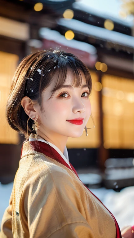 (1 girl, youthful gorgeous Lady, brown_eyes, brown_hair, cross_earrings, earrings, jewelry, ancient China, Traditional Hanfu, Pink Hanfu, Hanfu,
Detailed Beautiful face, detailed Facial Features, dimples, Kind smile, Red lips, short hair, bob hair, cute ponytail, upper_body, extremely detailed eyes, extremely detailed face, beautiful detailed lips, long eyelashes, arms close together, ears out, golden ratio face, golden ratio body, perfect body anatomy, huge breasts, big breasts, natural pose,
(SNOW:1.3),
Night outdoors, snow flakes, snow, winter,
(best quality, 4K, 8k, highres, masterpiece:1.2), ultra-detailed, (realistic, photorealistic, photo-realistic:1.37), HDR, uhd, sun lighting, ultra-fine painting, sharp focus, physically-based rendering, extreme detail description, professional, vivid colors, award-winning, bokeh, SFW, Safe for Work)