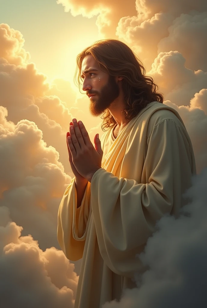 (photorealism:1.2), handsome Jesus Christ, crying while praying in the clouds, wearing lime king clothes with light in his head and heart spreading all over in the clouds, perfect Jesus Christ, real Jesus Christ, perfect five hands, perfect crying face, elegant, soft lighting, many clouds, stand straight, realistic, intricate details, warm colors, by Earl Cornelio Necor