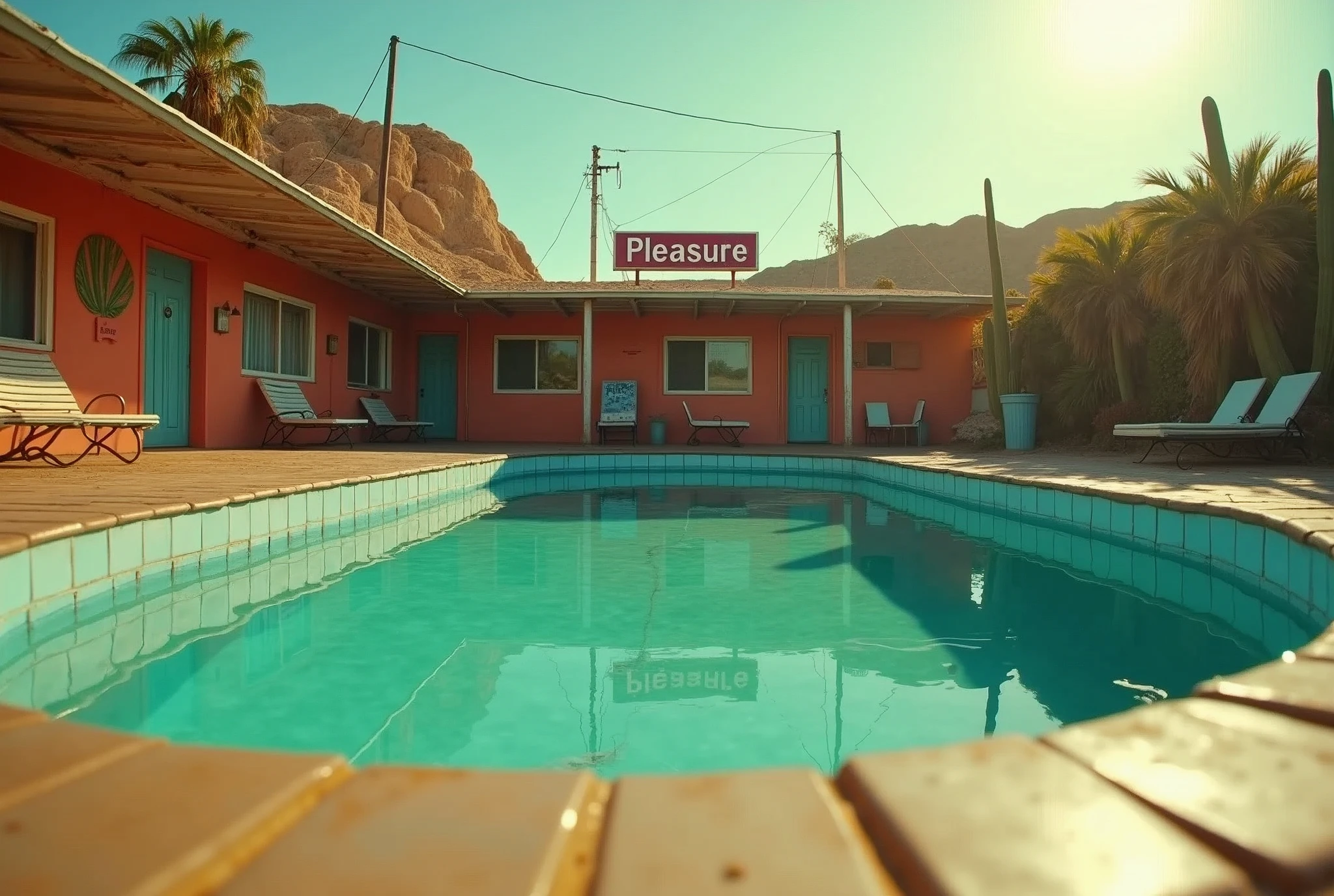 8k, raw documentary cinematic, dramatic Analog raw pro, A split-level, close up portrait shot, captures a pool in the shape of a sofa. Half-submerged lens reveals the pool tiles deformed by water are visible. Sand floating in the air. The dilapidated Mexican motel pool, surrounded by cacti, exudes eerie charm. A weathered sign pleads "Pleasure!" Golden hour light bathes the scene, highlighting hyper-realistic details: dust motel