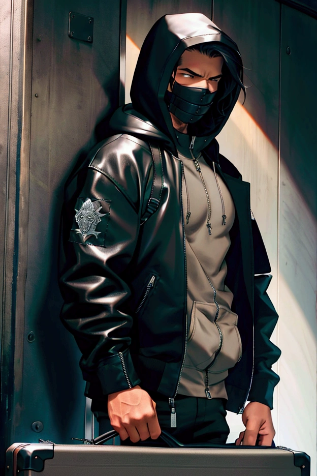 locked in leather bondage, with full zipper hood covering face, duffle bag, suitcase