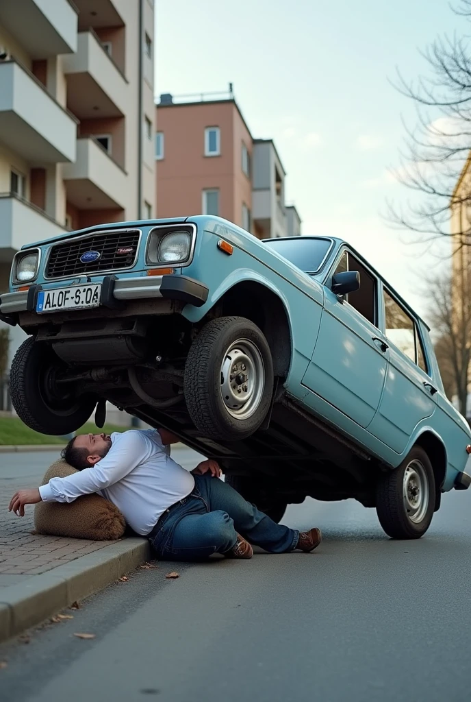 generates a meme-type image in png format of a car falling on a person but not crushing them