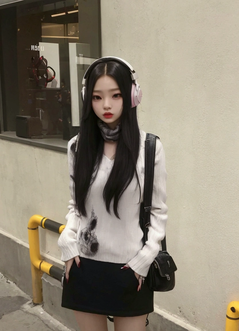 araffe girl with headphones and a scarf standing on a sidewalk, jennie pink black, cruel korean gothic girl, with headphones, jennie the blackpink, with headphones, korean girl, with long hair, ulzzang, crystal, It's Junji's style, wearing black headphones, with long white hair