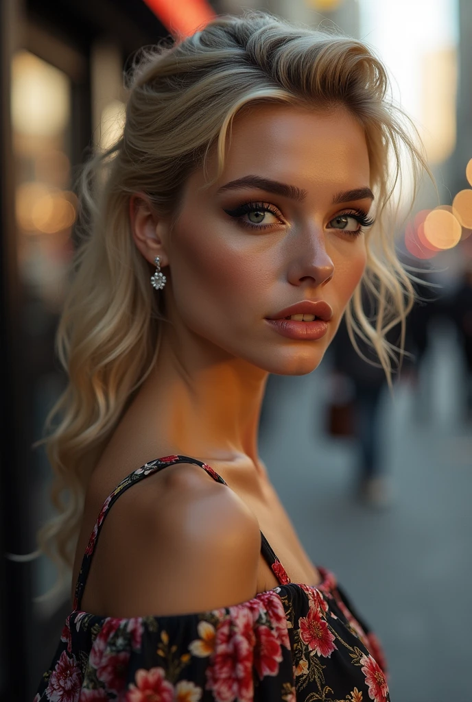 (Photorealistic realism 16K quality), ((ultra insanel quality, professional digital art)), ((focus on extremely Realistic Proportion Body, Anatomically Correct:1.2)), Beautiful Girl, Half Body Portrait, Black Eye Shadow, ((Street Style Wear:1.35) )), (city background:1.25), finer details, intricate, beautiful details glow, (super details beautiful, slim and sharp features), (bright pale complexion). break, (insanely detailed brown_ eyes:1.25), (tired, sleepy and satisfied:0.0), perfect round eyes, (finely detailed pupils:1.3), detailed, ((smiling, joyful face)), (perfect composition), Depth of field, cinematic light, Lens flare, dslr, best high quality soft lighting, sharp focus captured by Fujifilm XT3, f 5.6, in a dramatic lighting, ((Best Quality)) ,((masterpiece)), intricate details, dry skin, best high quality real texture skin, (A woman with velvety skin:1.3), (best high quality real texture hair), (blonde hair(wavy combed up, behind the ear:1.22)), (firm big full breasts), (slim muscled body), she is the embodiment of beauty and allure, ((Dressed in a breath taking, silk Dolce & Gabbana.Floral dress:1.3)), elegant fashion intricately detailed:1.28), floral couture, (clothes made of silk and flower:1.3), 3/5 long, (closeup to her face)