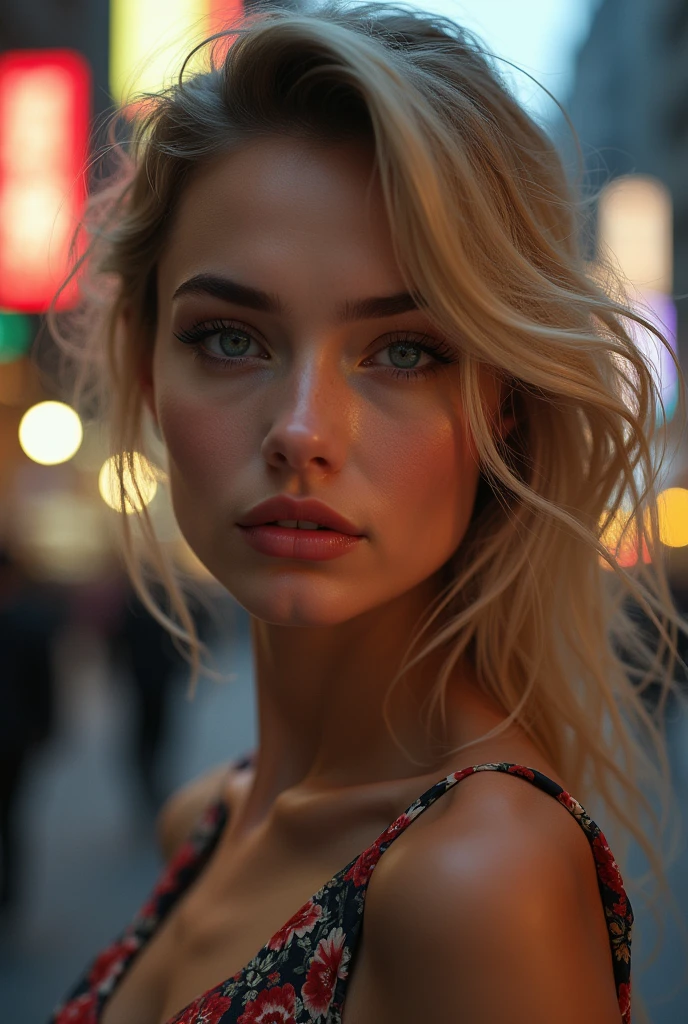 (Photorealistic realism 16K quality), ((ultra insanel quality, professional digital art)), ((focus on extremely Realistic Proportion Body, Anatomically Correct:1.2)), Beautiful Girl, Half Body Portrait, Black Eye Shadow, ((Street Style Wear:1.35) )), (city background:1.25), finer details, intricate, beautiful details glow, (super details beautiful, slim and sharp features), (bright pale complexion). break, (insanely detailed brown_ eyes:1.25), (tired, sleepy and satisfied:0.0), perfect round eyes, (finely detailed pupils:1.3), detailed, ((smiling, joyful face)), (perfect composition), Depth of field, cinematic light, Lens flare, dslr, best high quality soft lighting, sharp focus captured by Fujifilm XT3, f 5.6, in a dramatic lighting, ((Best Quality)) ,((masterpiece)), intricate details, dry skin, best high quality real texture skin, (A woman with velvety skin:1.3), (best high quality real texture hair), (blonde hair(wavy combed up, behind the ear:1.22)), (firm big full breasts), (slim muscled body), she is the embodiment of beauty and allure, ((Dressed in a breath taking, silk Dolce & Gabbana.Floral dress:1.3)), elegant fashion intricately detailed:1.28), floral couture, (clothes made of silk and flower:1.3), 3/5 long, (closeup to her face)