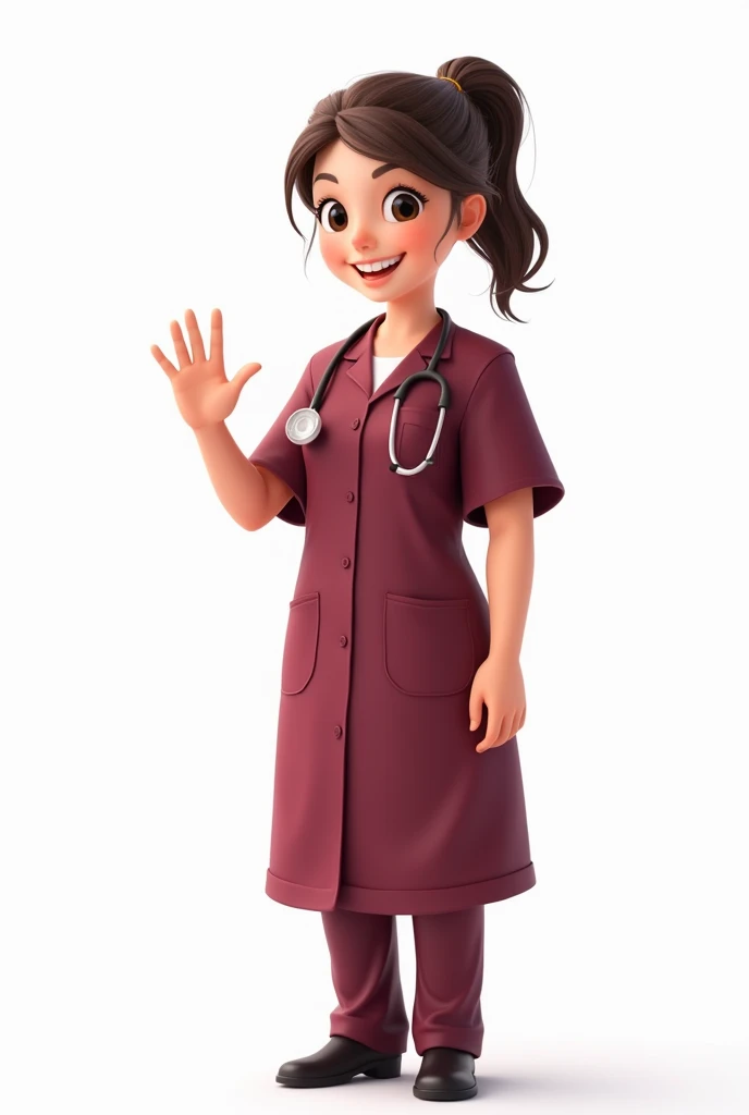 a female doctor in a maroon uniform waving ,animated with white background