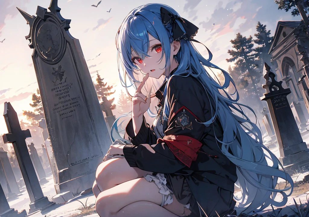 Realistic photos, Focus distance 10mm, Red and white, Beautiful girl, Realistic photos, Shooting at focus distance 10mm, masterpiece, 最high quality, high quality, Very detailed CG 8k wallpaper unit, Award-winning photography, Depth of written boundary, High resolution, bloom, chromatic aberration, Realistic, Very detailed, Art Station Trends, CGsociety Trends, Complex, High detail, dramatic, Art on the go, volumetric lighting, A beautiful blue-haired zombie vampire girl is waving a magic wand in a haunted graveyard, with old gravestones and a night sky with a full moon in the background