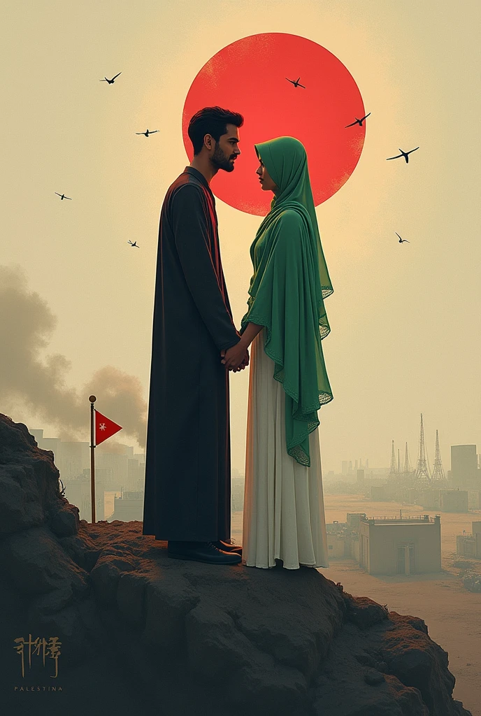 A picture describing the love and sympathy between Yemen and Palestine without showing people's faces and the media in the background.