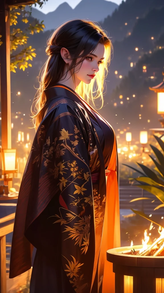 [A woman with pointy ears in an autumnal forest scene, wearing an open kimono that reveals her breasts and navel, holding a basket of food. There is a waterfall, mountain, and pagoda in the background, with a campfire and falling leaves. (best quality,4k,8k,highres,masterpiece:1.2),ultra-detailed,(realistic,photorealistic,photo-realistic:1.37),HDR,UHD,studio lighting,ultra-fine painting,sharp focus,physically-based rendering,extreme detail description,professional,vivid colors,bokeh,concept artists,sensual,erotic,intimate,seductive,alluring]