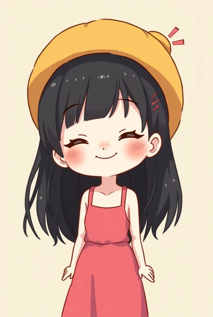 Draw a cute chibi Vietnamese girl with pink dress, 2 straps, white skin, black hair, rosy cheeks, 3 slashes, yellow hat, bangs, slim figure, smiling mouth, closed eyes