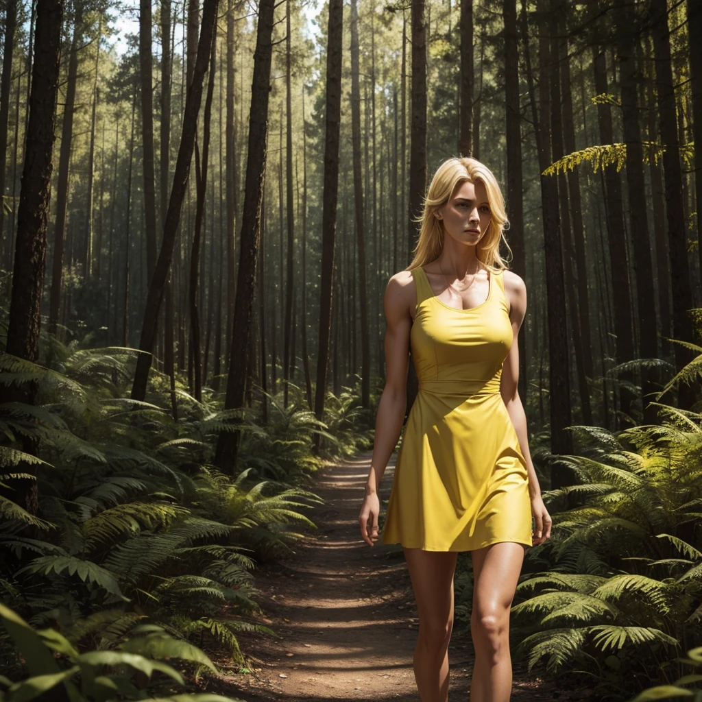 Tall muscular blonde woman with scars wearing a short yellow dress in a forest 