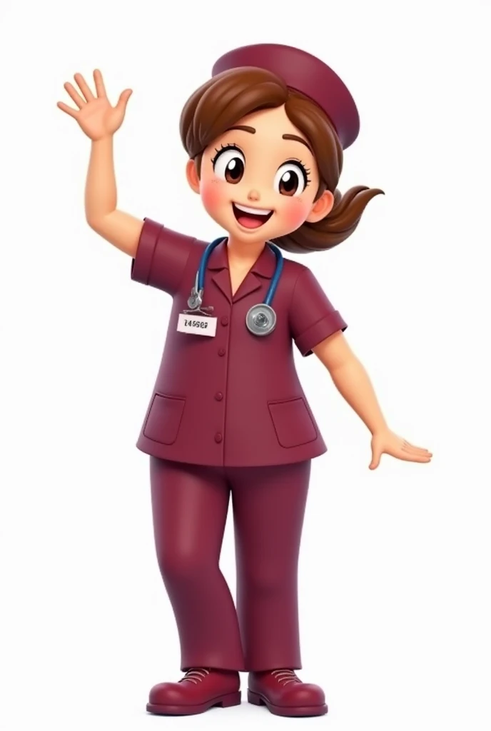 a female doctor in a maroon uniform waving ,animated with white background





