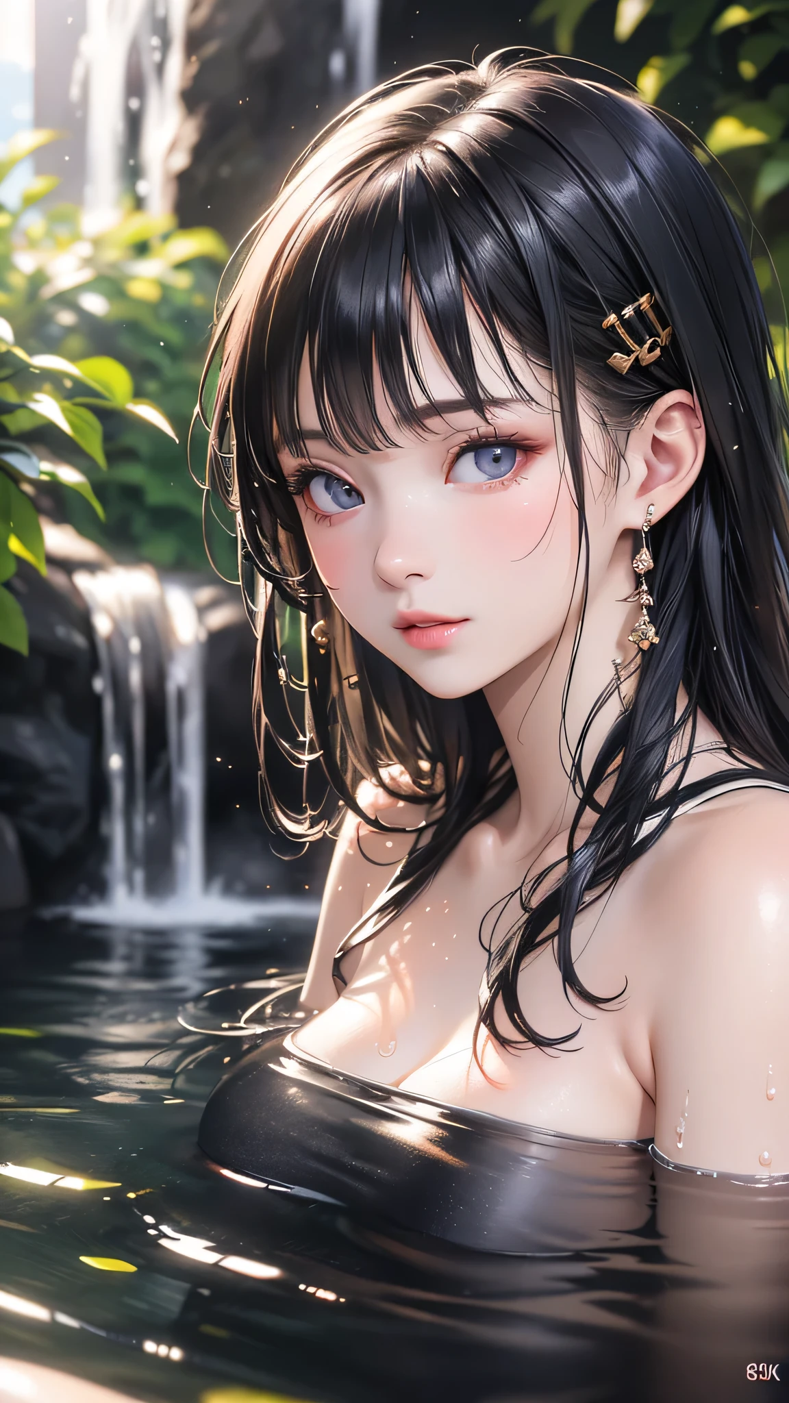 (8k、Photorealistic、RAW Photos、Highest quality: 1.4)、Very beautiful girl happily bathing near a clear and cool waterfall、Pink Skin、blue eyes、Black Hair、Detailed face、Detailed body、(Beautifully detailed face), (Beautiful attention to detail),realistic model、highly detailed natural landscape、CGI 8K resolution