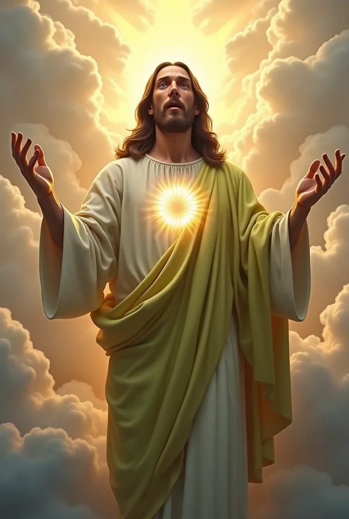 (photorealism:1.2), handsome Jesus Christ, crying while praying in the clouds, wearing lime king clothes with  light in his head and heart spreading all over in the clouds, perfect Jesus Christ, real Jesus Christ, perfect five hands, perfect crying face, elegant, soft lighting, many clouds, stand straight, realistic, intricate details, warm colors, by Earl Cornelio Necor