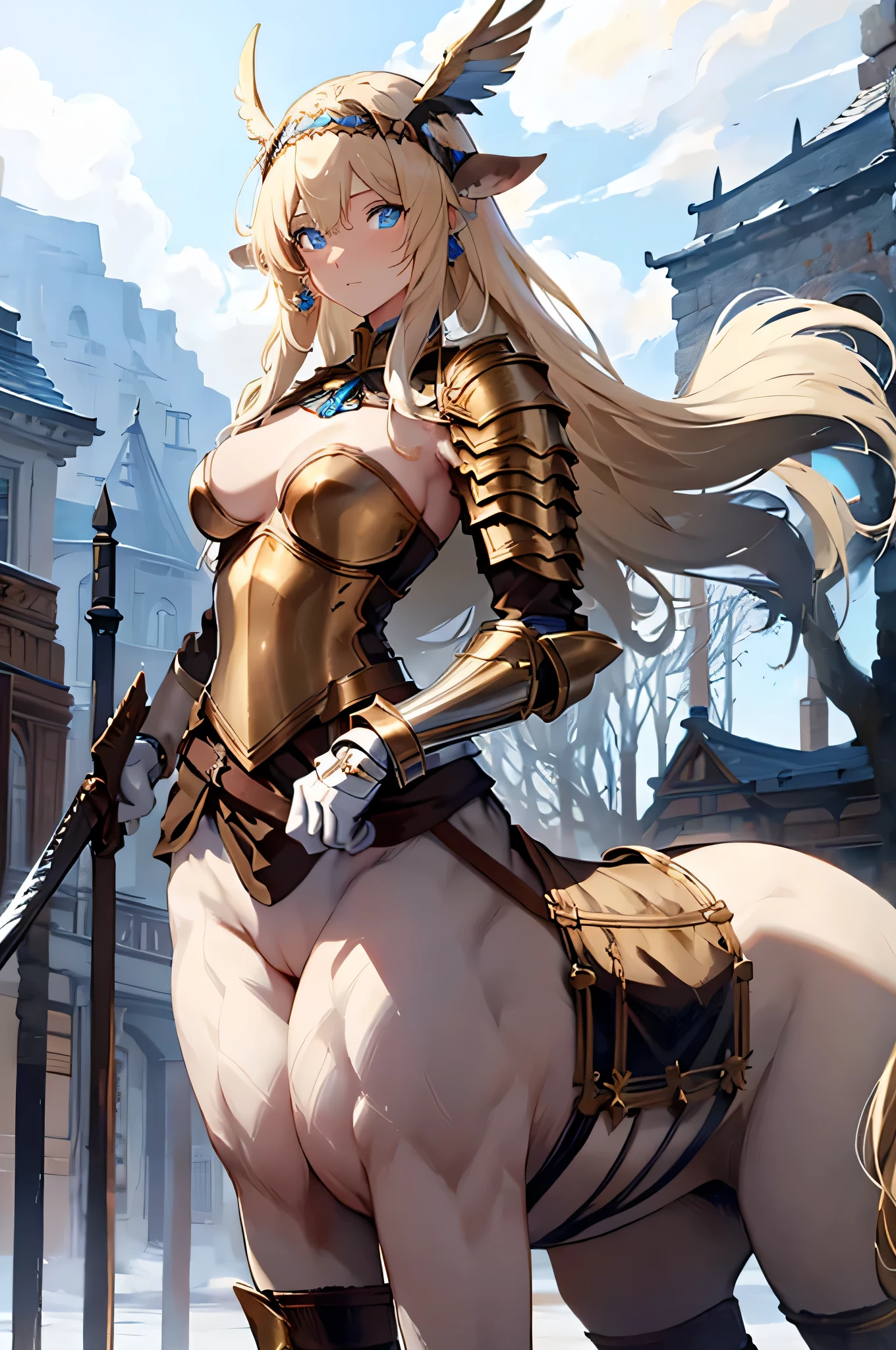 4K,High resolution,One Woman,centaur,Blonde,long hair,Blue Eyes,Brown fur,Valkyrie,White sacred armor,Full Armor,White gloves,Winged headgear,Jewelry decoration,Holy Sword,Temple in the Sky