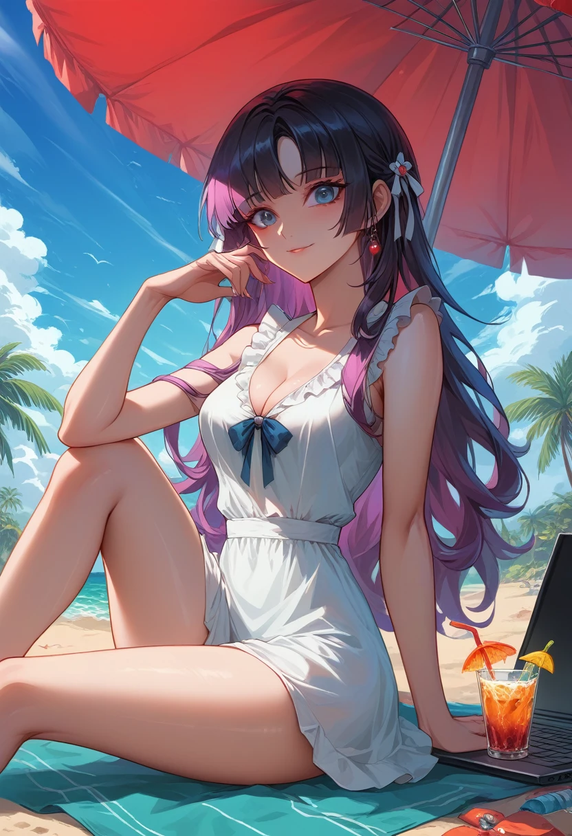 atmosfera sombria motor gráfico engine 5 ful hd 4k 100 lines art Goku power Fenix + Hinata sexy seios pequenos e empinados slim with long aqua moicano mechas pretas com vermelho hair lounges on a beach towel under a colorful umbrella. She wears a mechas pretas  + red maio with frills and a sheer, olhos verdes de Sharingan decorated cover-up, appearing relaxed while using a laptop. The background features a tropical beach scene with palm trees, soft waves, and a clear blue sky dotted with clouds. Sunlight glistens on her skin, and a glass with a drink sits nearby.