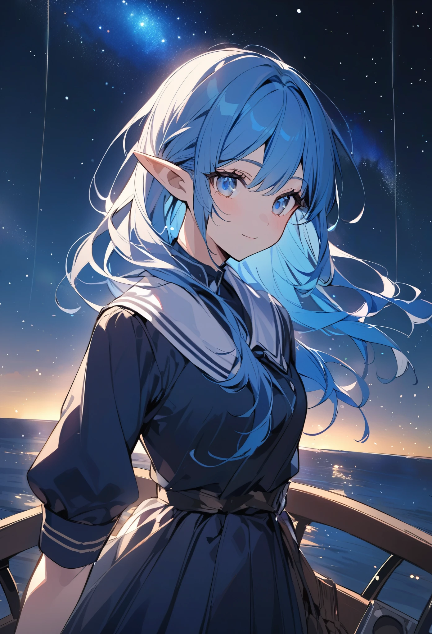 a portrait of an anime elf woman from the waist up. Blue hair, blue eyes. She is standing on the deck of a ship. There are stars in the beautiful night sky. She is wearing a modest uniform.