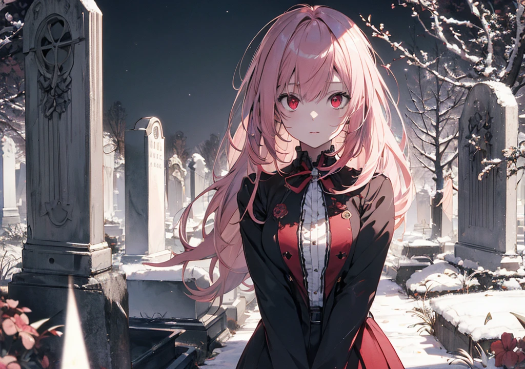 Realistic photos, Focus distance 10mm, Red and white, Beautiful girl, Realistic photos, Shooting at focus distance 10mm, masterpiece, 最high quality, high quality, Very detailed CG 8k wallpaper unit, Award-winning photography, Depth of written boundary, High resolution, bloom, chromatic aberration, Realistic, Very detailed, Art Station Trends, CGsociety Trends, Complex, High detail, dramatic, Art on the go, volumetric lighting, A beautiful pink-haired zombie vampire girl is leaning against a large gravestone in the center of a cemetery, with a decaying cross and flickering lights in the background