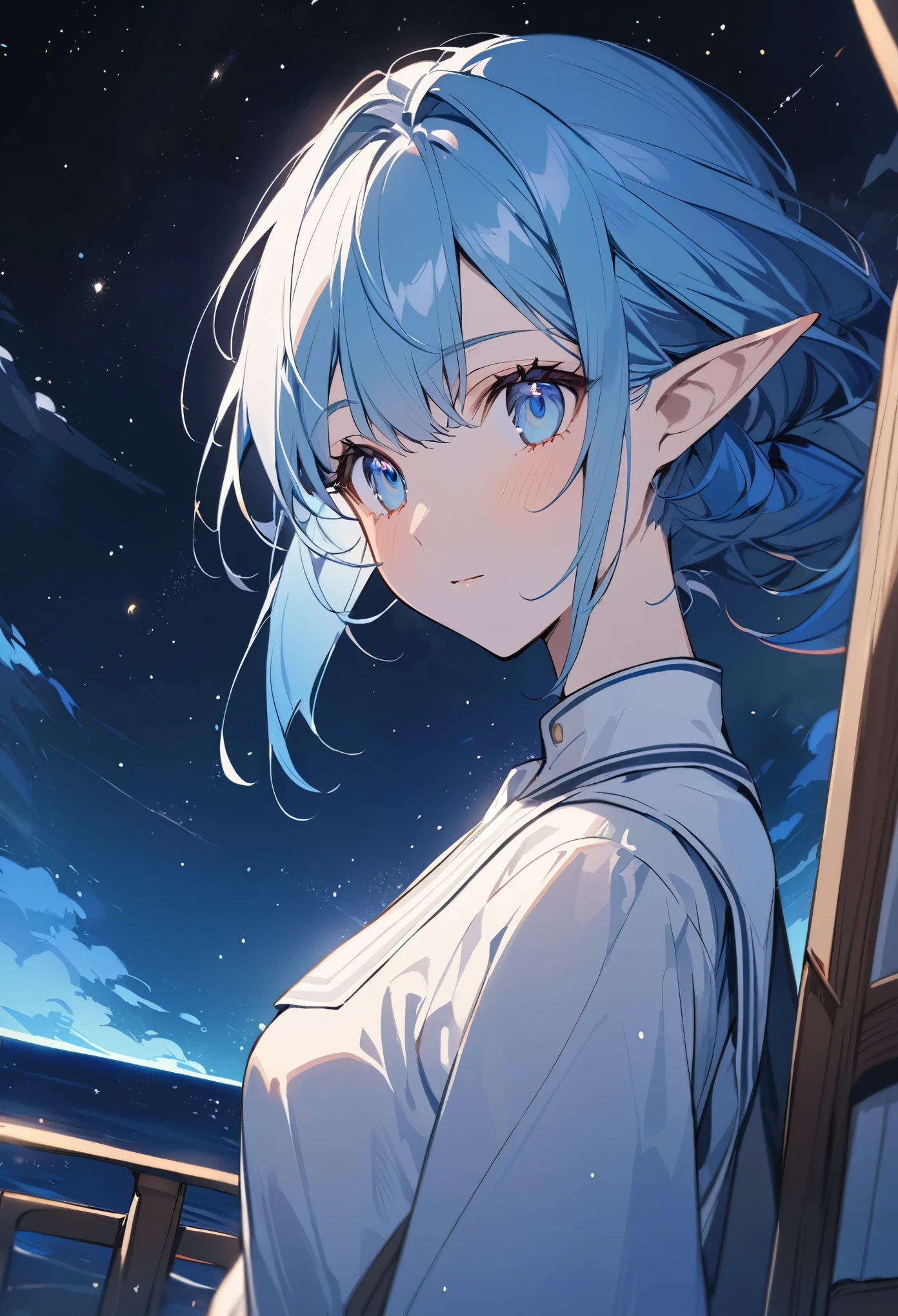 a portrait of an anime elf woman from the waist up. Blue hair, blue eyes. She is standing on the deck of a ship. There are stars in the beautiful night sky. She is wearing a modest uniform.