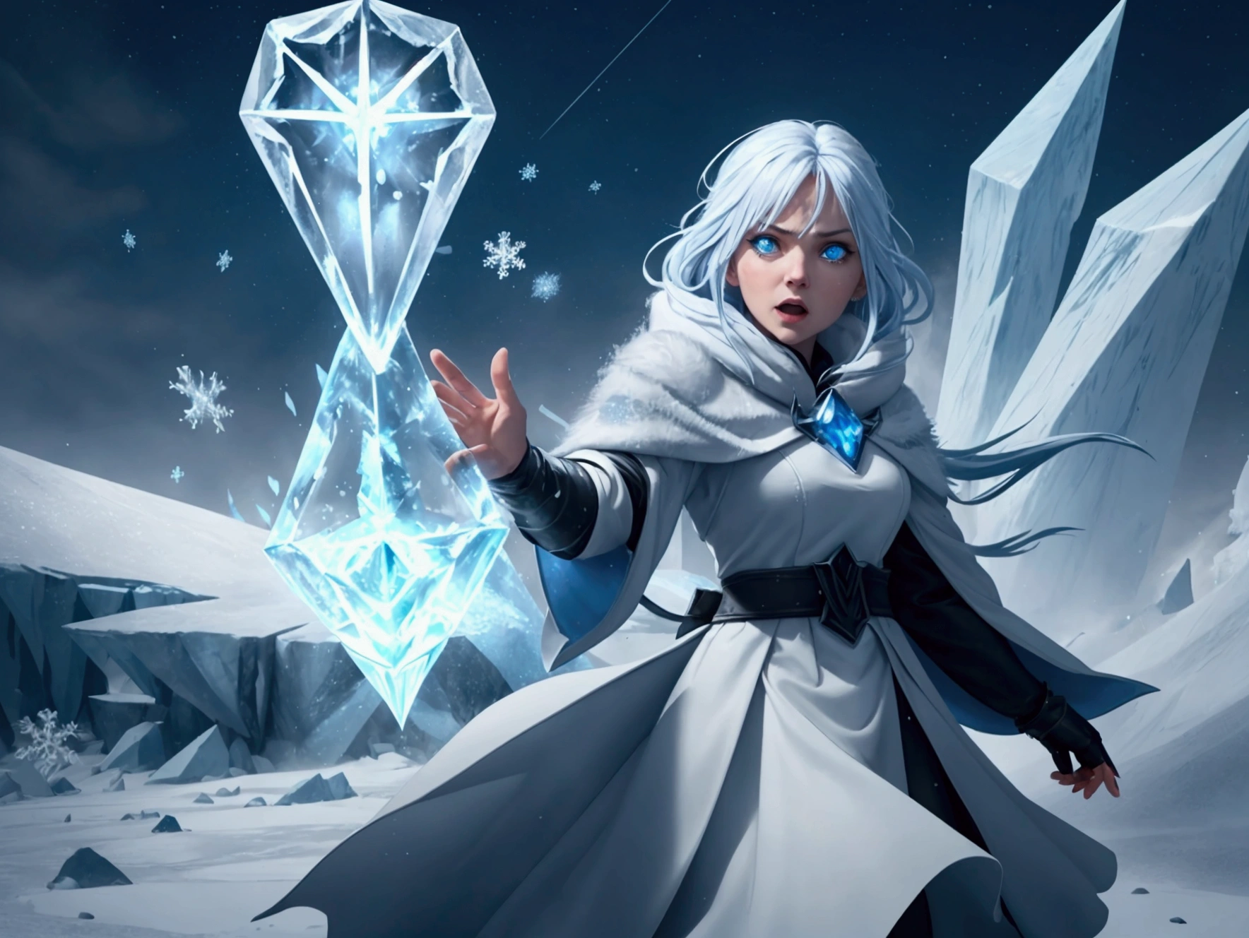 Create an illustration of a powerful ice spell in action. A mage stands with one hand raised, conjuring a sharp fragment of ice that hovers in the air, glowing with a cold, bluish light. The shard of ice is detailed with jagged edges and frost patterns, ready to be launched. The background suggests a cold, wintry environment with snowflakes swirling around. The target, a menacing creature within range, is in the mage's line of sight, its expression showing fear or determination as it faces the incoming ice shard. The scene is dynamic, capturing the moment just before the ice is unleashed