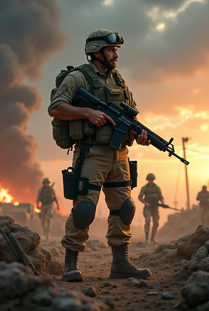 Here’s a detailed image script for a soldier on a battlefield:
---
**Description:**
The scene depicts a battle-hardened soldier standing tall in the midst of a chaotic battlefield. The soldier is a man in his late 20s to early 30s, with a rugged, determined expression on his dirt-smudged face. He is wearing modern military gear, including a camouflaged helmet with a chin strap, a tactical vest loaded with gear, and heavy-duty combat boots. His uniform is a mix of green, brown, and tan tones, blending into the background of a war-torn landscape.
In his hands, he grips an assault rifle, held at the ready, with his finger just off the trigger. The soldier’s stance is firm and steady, with one knee slightly bent, showing that he is prepared for any sudden movement. His eyes are focused, scanning the horizon for any sign of the enemy.
The battlefield around him is a scene of destruction and turmoil. Smoke rises from the wreckage of vehicles and crumbling buildings, and the ground is littered with debris and craters from recent explosions. In the background, there are faint silhouettes of other soldiers moving through the haze, some crouching behind cover, others advancing cautiously.
The sky overhead is a mix of dark clouds and the orange glow of a setting sun, casting a dramatic light over the scene. Despite the chaos around him, the soldier appears calm and resolute, embodying the grit and determination needed to survive in such a harsh environment.
---
This script can be used to create a powerful image of a soldier in the heat of battle, capturing both the intensity of the moment and the soldier's unwavering focus.