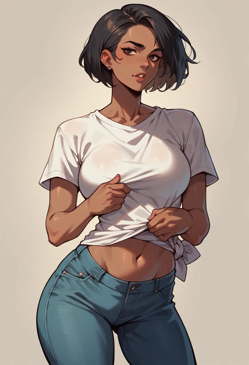 Indian milf,she is 33 years old, short hair,black hair, brown skin, wearing a t-shirt with belly button