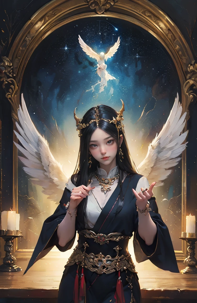 (Tabletop, Highest qualityの, (((((woman)))))、Highest quality, Official Art, (beautifully、beautiful:1.4), (Oil painting:1.4) ),((male)) (lucifer), God of Japanese God Stories々々, fleeting beauty, A mysterious god illuminated by the starry sky, Winged Angel、god'Grace, Calm and thoughtful expression, Flowing Heavenly Robe, Dazzling silver stars light up the night view, Dance of shadows and lights, Whispers of Ancient Legends、Very slender、