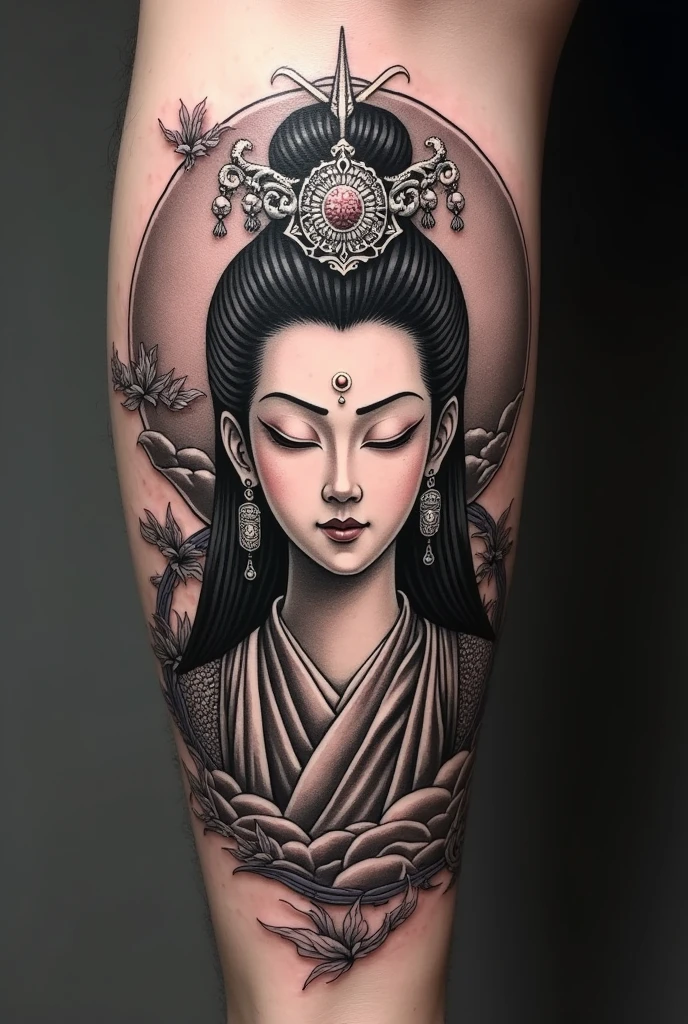 get a Kannon tattoo(Kwan Yin) in black and white with more Japanese details in the background