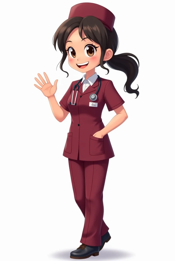 a female doctor in a maroon uniform waving ,animated with white background





