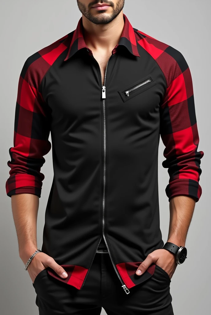 Raglan social shirt, with zipper on top, buttons on the body in the center, part of the hem open without zipper or buttons, with black shirt body, with long sleeves black and red plaid all over, all black rolled up sleeve hem, shirt hem being red and black checkered, large red and black plaid collar, two zippered pockets, One on Each Side, men's fashion