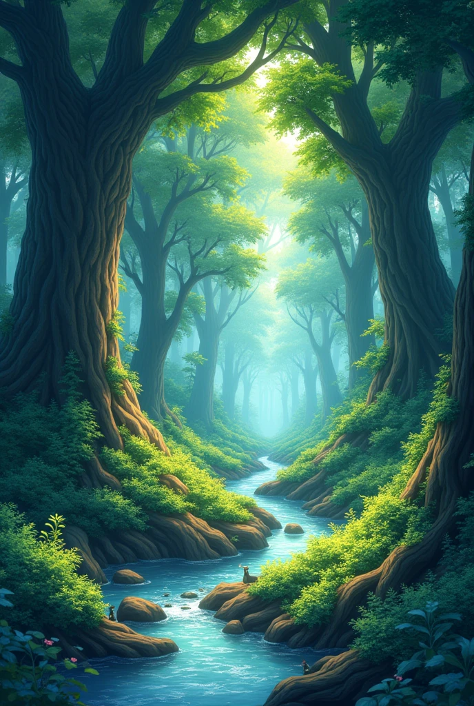 Viral anime nature wallpaper in 4K quality, in the style of digital illustration inspired by Hayao Miyazaki, featuring a serene forest with towering ancient trees, dappled sunlight filtering through the leaves, a gentle stream flowing through the scene, and mystical creatures peeking from behind the foliage; vibrant and warm color temperature, cosmos lighting with stars twinkling in the sky, no human characters, the atmosphere is tranquil and enchanting --v 5 --stylize 1000