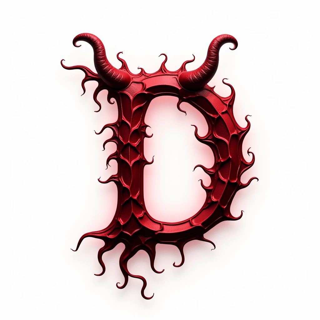 a sexual striking red letter D with succubus horns and a tail, creating an impression of sexuality and power. White background. High-resolution.