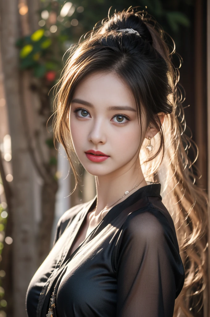 1 beautiful girl in Hanfu, ((black thin silk shirt)), long platinum purple ponytail Hair, Jewelry, ear jewelry, necklace and necklace, carefully drawn big purple eyes, carefully made up, thin eyebrows, high nose, beautiful red lips, no smile, pursed lips, rosy cheeks, wide chest, big breasts, well-proportioned breasts, slim waist, well-proportioned buttocks, purple fishnet stockings, Chinese Hanfu style, fictional art pattern, full of bright and realistic colors, RAW photo, Realistic photo, ultra-high quality 8k surreal photo, (effective magical light effect: 1.8), 10x pixels, magical effect (Background): 1.8), super detailed eyes, full body portrait of the girl, beach, dynamic pose