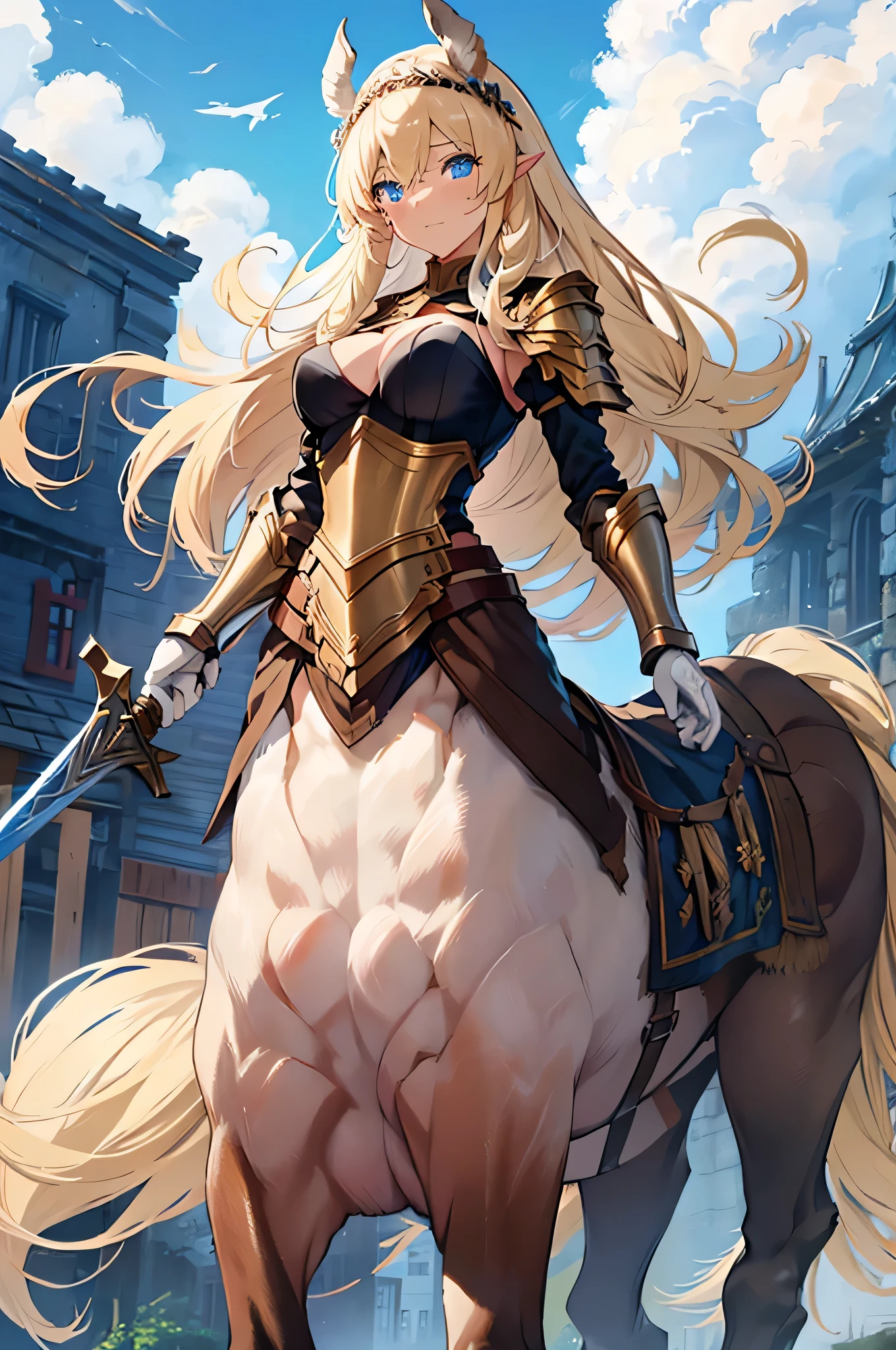 4K,High resolution,One Woman,centaur,Blonde,long hair,Blue Eyes,Brown fur,Valkyrie,White sacred armor,Full Armor,White gloves,Winged headgear,Jewelry decoration,Holy Sword,Temple in the Sky