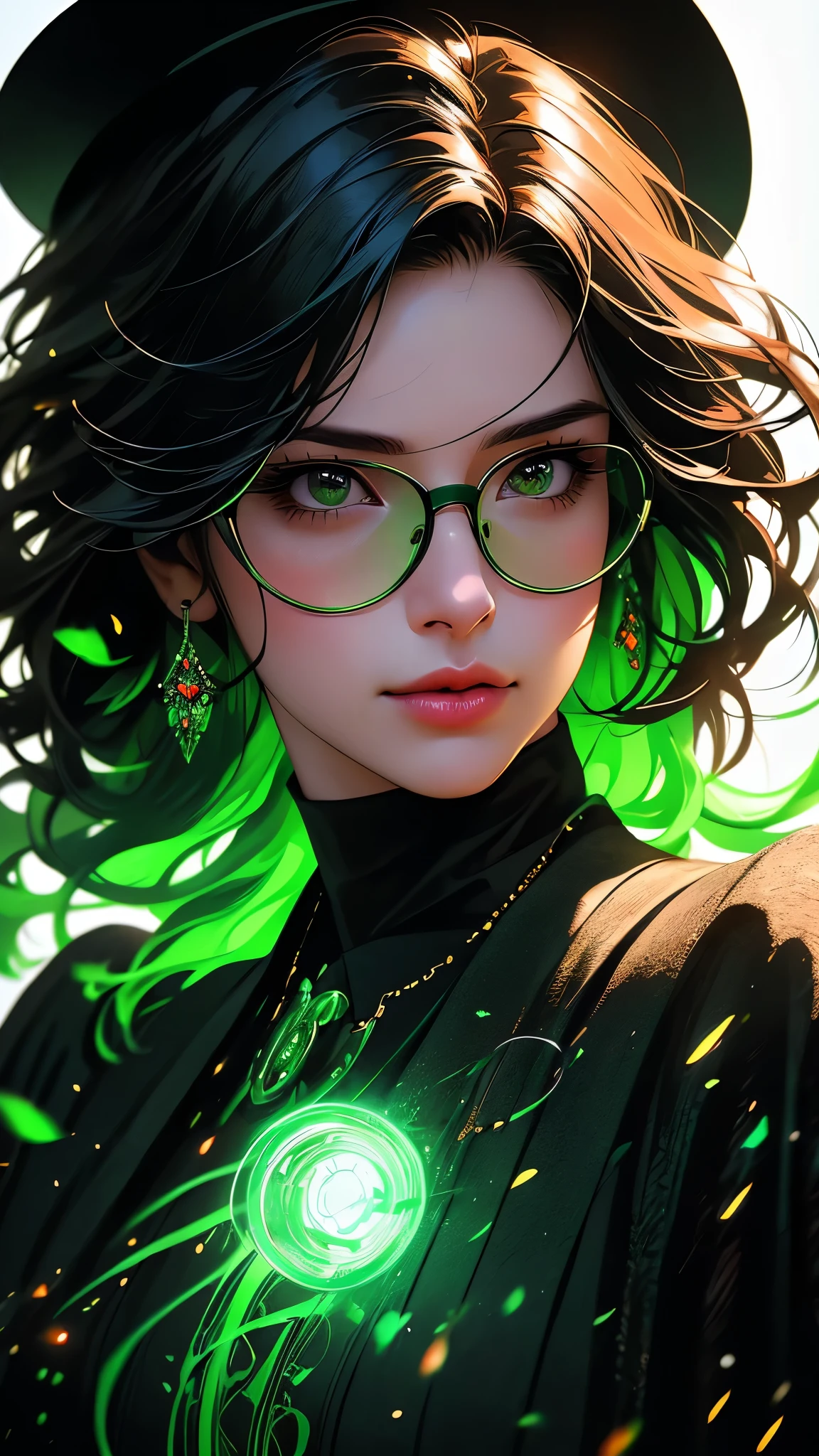 cinematic portrait of 1 girl, the wizard of oz, wearing a black cloak, top hat, shirt, round green glasses, belt, pants, rings, earrings, with curly burgundy hair, set in a green color spectrum with mystification effect, green magic fog, vibrating air, abnormal tension, (double exposure effect: background in the foreground white background on a dark background), hyperrealistic character, (Sumi 1.1 liquid ink drawing), dark rich colors, (high quality digital oil 1.1), luminescent neon outlines, complex and multi-layered design, white background, double exposure - step by step exposure by layers, VFX, cinematic lighting, vibrant colors, photorealistic, concept art style, (best quality,4k,8k,highres,masterpiece:1.2),ultra-detailed,(realistic,photorealistic,photo-realistic:1.37),HDR,UHD,studio lighting,ultra-fine painting,sharp focus,physically-based rendering,extreme detail description,professional,vivid colors,bokeh
