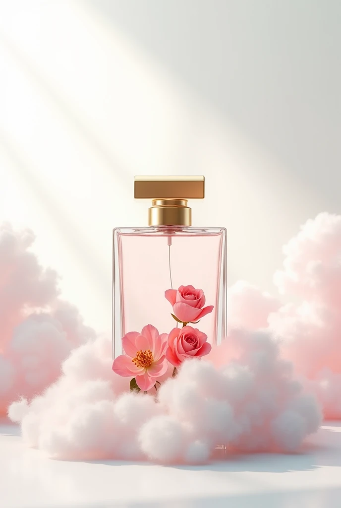 Create image with white background in minimalist 5d with wonderful cloud and flowers with shades of roses inside the perfume bottle with the golden glass lid. Super sophisticated perfume bottle.