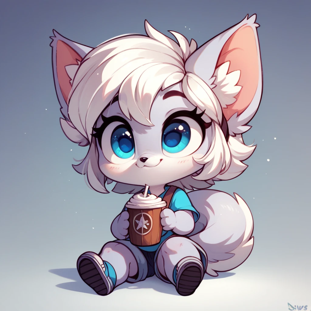 little fox, female, white hair, silver fur, blue eyes, cute kid, alone, white hair, cute, cub, by diives